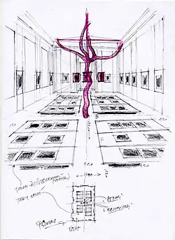 Výstava fotografií Ondřeje Šika, Muzeum umění a designu Benešov, návrh instalace, skica, 2015