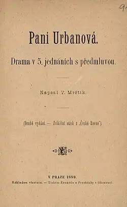 obálka dramatu Paní Urbanová z roku 1889