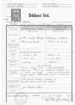 Oddací list Matěje Netvala a Vilemíny Noskové