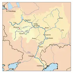 Povodí Oky vyznačené na mapce povodí Volhy