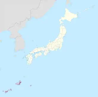 Poloha prefektury Okinawa (ostrůvky vlevo dole) na mapě Japonska
