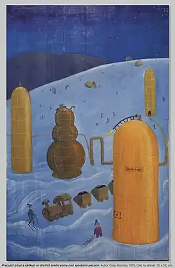 „Pracující lyžují a sáňkují ve chvílích svého volna pod vysokými pecemi“, olej na dřevě, 1973