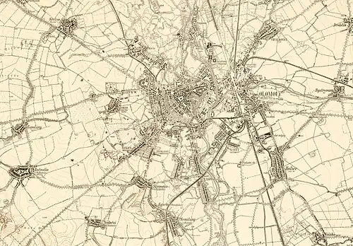 Olomouc a blízké okolí na mapě 3. vojenského mapování v měřítku 1:25 000, stav z roku 1929.