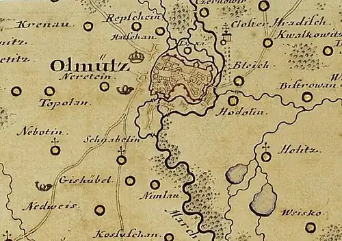 Olomouc na Müllerově rukopisné mapě Moravy z roku 1712