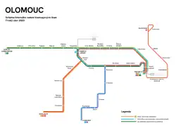 Schéma tramvajových linek v Olomouci (bezvýlukový stav 2023)