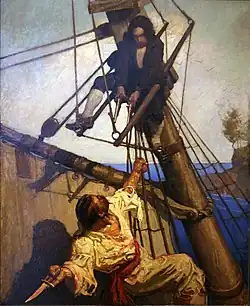 Ilustrace ke knize Ostrov pokladů, N. C. Wyeth, 1911. Israel Hands dole.