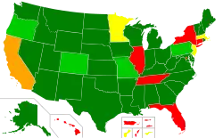 Mapa států USA dle možnosti viditelného nošení dlouhých zbraní