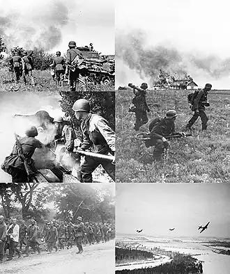 Ve směru hodinových ručiček od levého horního rohu: Němečtí vojáci postupují přes severní Rusko Německý plamenometný tým Sovětský Iljušin Il-2 nad německými pozicemi u Moskvy Sovětští vojáci na cestě do zajetí Sovětští dělostřelci