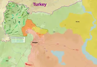 Stav 3. února 2018. Zeleně je vyznačené území pod kontrolou turecké armády, Turky podporované Svobodné syrské armády a mezinárodní teroristické organizace Al-Káida, žlutě území pod kontrolou kurdských milicí YPG/PYD a červeně pod kontrolou syrské vlády.