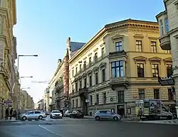 Daňkův palác na rohu ulic Opletalovy a Růžové v Praze 1 - Novém Městě, někdejší sídlo Prognostického ústavu