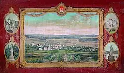 Dvůr Králové nad Labem, Hankův dům, opona „Pohled na město a jeho pamětihodnosti“; Hynek Fiedler a Václav Hanibal, (kol. 1872)