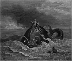 Na hřbetě velryby sedí muž a žena, kteří se snaží pomoci muži ve vodě