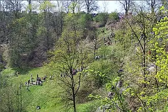 Barevná fotografie stráně kopce se skupinou lidí, kteří postrkují velikonoční vejce