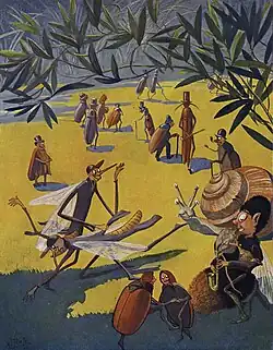 Ilustrace z knihy Trampoty mouchy na cestách (1930)