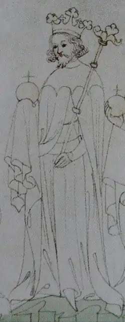 Miniatura muže s kudrnatými vlasy a korunou na hlavě. Muž je oděn do královského roucha a drží královské žezlo a jablko.