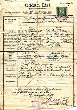 Oddací list Ludvíka Očenáška a Pavlíny Tašnerové