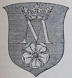 Znak města Dačice (r. 1893) s korunovanou unciálou M a pětilistou růží