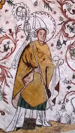 Svatý Eskil, zobrazený jako biskup se svými atributy - 3 kameny, kterými byl usmrcen. Freska v kostele v Överselö, Švédsko