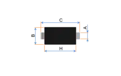 Bokorys pouzdra, rozměry: J - výška, D - tloušťka průřezu kontaktu, E - délka s kontakty, H - délky části kontaktu ležícího na desce, G - velikost vzduchové mezery pod součástkou.