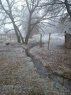 Žerotínský potok v Pacově pod rybníkem, zima 2016