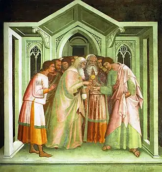 Jidáš dostává 30 stříbrných, bazilika v San Gimignanu