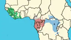Rozšíření šimpanze učenlivého. Barvami jsou odlišeny jednotlivé poddruhy: 1. Pan troglodytes verus, 2. P. t. vellerosus, 3. P. t. troglodytes, 4. P. t. schweinfurthii.
