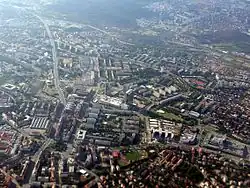 Letecký pohled na Nusle, Krč a Braník (severní část Prahy 4)