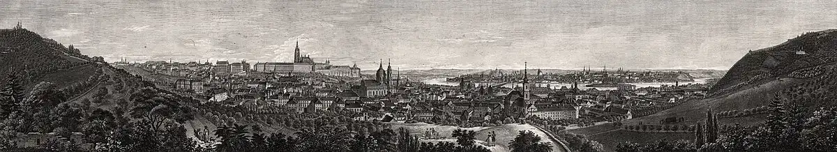Panorama Prahy z Schönbornské zahrady okolo roku 1835. Dle kresby českého krajináře a vedutisty Vincence Morstadta vyryl Friedrich Geissler.[44]