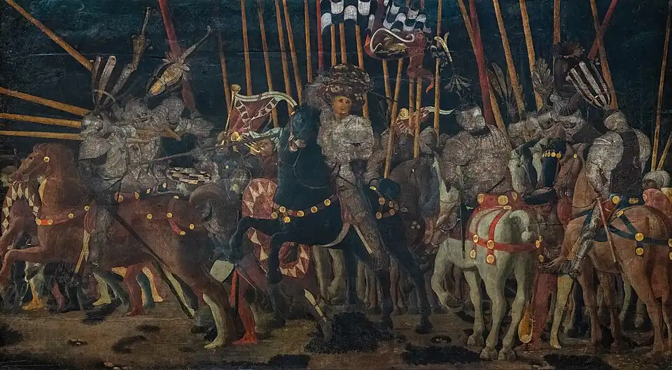 Třetí panel s vyobrazením sienských s jejich velitelem kapitánem da Catinolou je uložen v Louvru. , asi 1455, dřevěný panel, 182 × 317 cm.