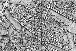 Na plánu (1771) je kostel zcela vpravo za Notre-Dame