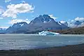 Plovoucí ledovce na Lago Gris, v pozadí Paine Grande