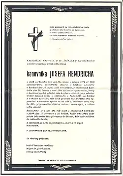 Úmrtní oznámení kanovníka Josefa Hendricha
