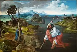 Joachim Patinir: Krajina se sv. Kryštofem, kolem 1520, El Escorial, Monasterio de San Lorenzo, Španělsko