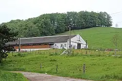 Přízemní budova teletníku. Za ní se zdvihá zatravněný kopec, na jehož hřebeni je patrný pás listnatých stromů