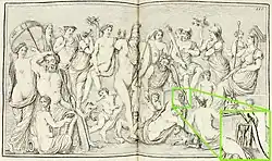 Údajné vyobrazení přesýpacích hodin (okolo 350 n. l., detail v pravém dolním rohu)