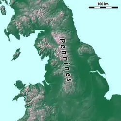 Penniny na mapě severní Anglie