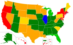 Mapa států USA zobrazující aktuální stav recipročního uznávání povolení k nošení zbraně, včetně barevné legendy