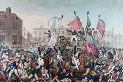 Dobová malba zobrazující potlačení demonstrací v Manchesteru, známé jako Peterloo Massacre.