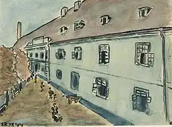 Ulice v Terezíně (1944), akvarel, inkoust a tužka na papíře