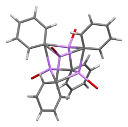 Model krystalové struktury tetrameru fenyllithia rozpuštěného v diethyletheru - ethylové skupiny etheru nejsou znázorněny