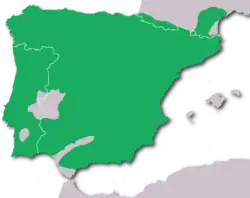 Areál rozšíření žluny španělské na Pyrenejském poloostrově