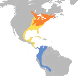 Rozšíření tangary šarlatové (V oranžové oblasti hnízdí, v modré nikoliv. Žlutá oblast je výskyt pouze během migrace.)