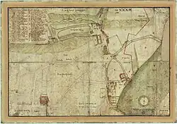 Písecká brána (označena písmenem X) a kostel sv. Petra na plánu Samuela Globice (1678)