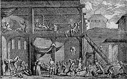 Morová nemocnice v době pandemie (dobová rytina z návrhu Lodovica Ottavia Burnaciniho)