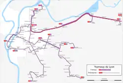 Mapa tramvají v Lyonu (2021)