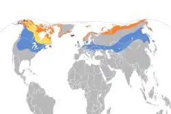 Areál rozšíření:      Hnízdiště      Výskyt v době tahu      Celoroční výskyt      Zimoviště
