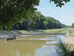 Spojovací jez, za ním lužní tok