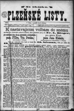 Plzeňské listy ze dne 8. 3. 1875 zpravují veřejnost o nadcházejících volbách