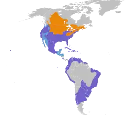 Areál výskytu:      Hnízdiště      Celoroční výskyt      Zimoviště