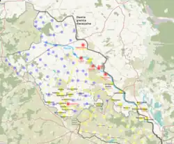 Vesnice Moravců v dnešním Polsku (žlutá barva — lašská nářečí na začátku 20. století)